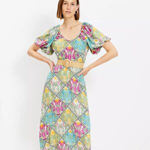 LOFT Palm Raffia Belt V-Neck Midi Dress 14